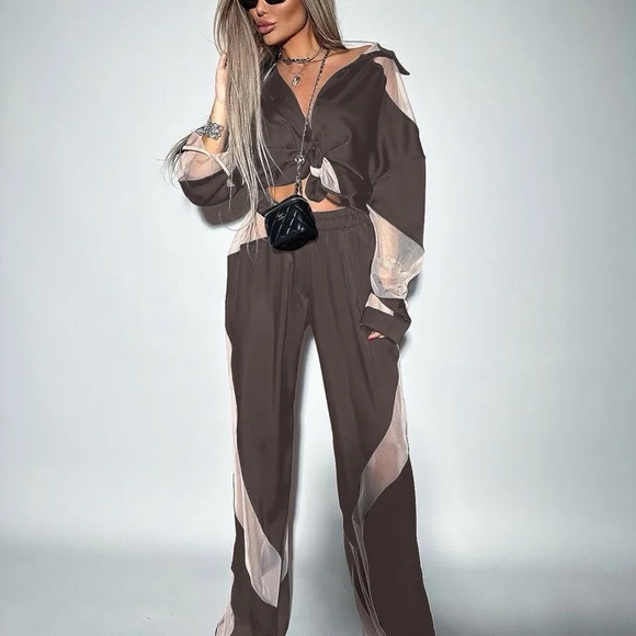 Mocha & Nude Spliced High Waist Two Piece Pant Set - Picture 3 of 12